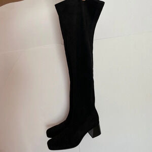 Zara Black Faux Suede Block Heel Square Toe Over The‎ Knee Boots size 39